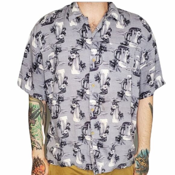 GEORGE‎ Hawaiian beer shirt button up short sleeve rayon L - Picture 1 of 6